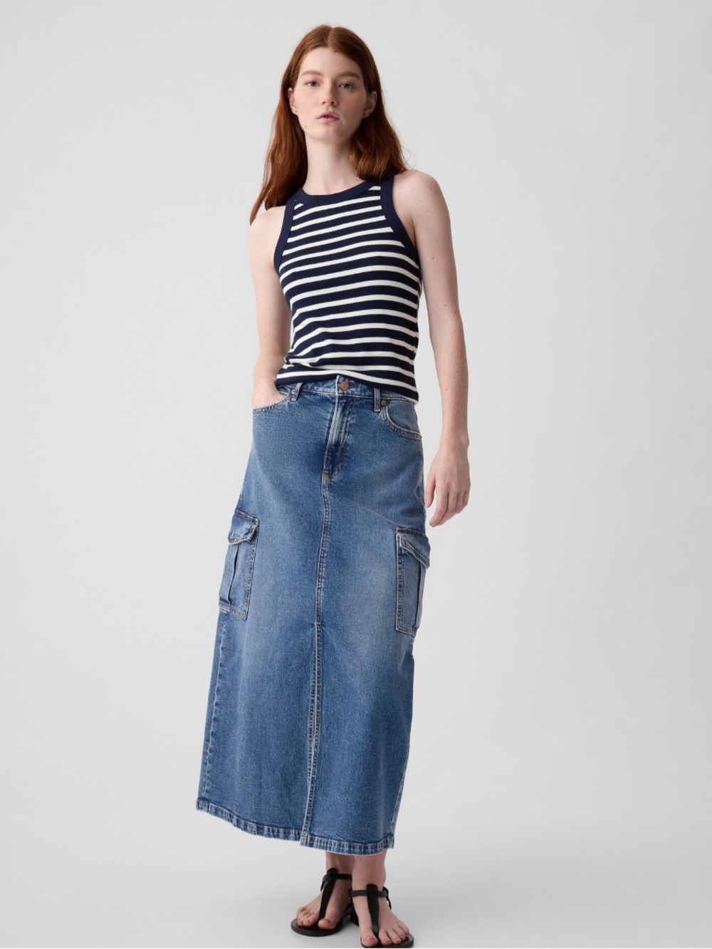 GAP Cargo Denim Maxi Skirt Sz 6/28 Blue Stretch Indigo Casual Streetwear Summer